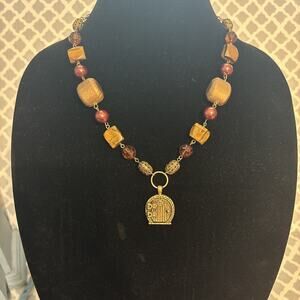 Frida Kahlo Peekaboo Pendant Door Bronze Gold Filigree Square Bead Wood Necklace